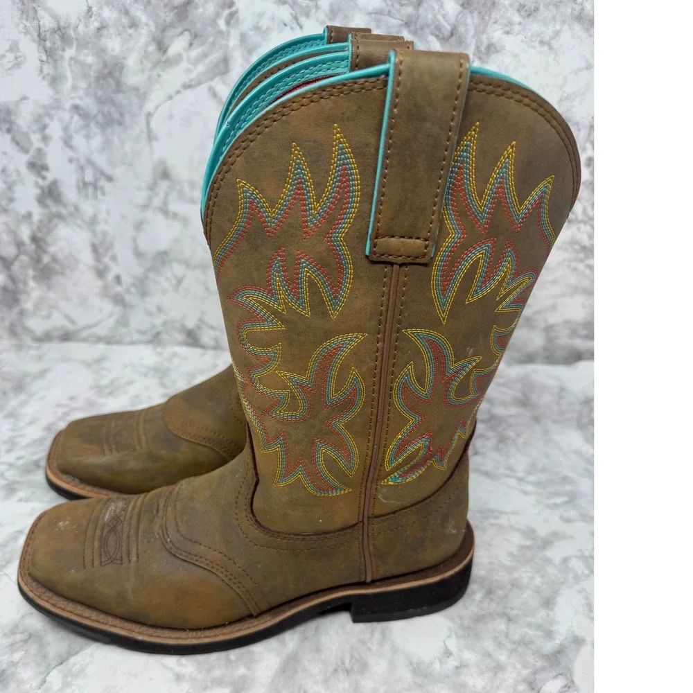 Ariat Fatbaby Western Boots Brown Leather Square Toe Turquoise Trim festival -7